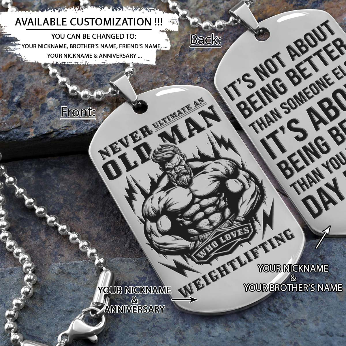 Gym Dog Tag - Gym Necklace - Never Ultimate An Old Man Who Loves Weightlifting - It's About Being Better Than You Were The Day Before - Gym - Fitness Center - Workout - Engrave Dog Tag