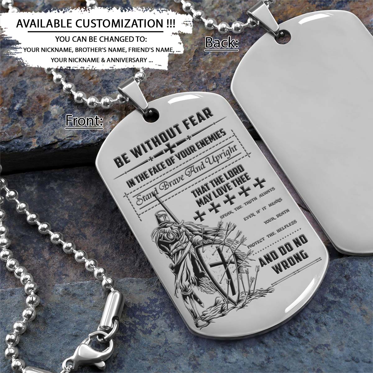 Knight Templar Dog Tag - Be Without Fear - Crusades - Chivalry - Religious Zeal - Templar Wealth - Mysterious Legacy - Knight Templar Necklace - Engrave Dog Tag