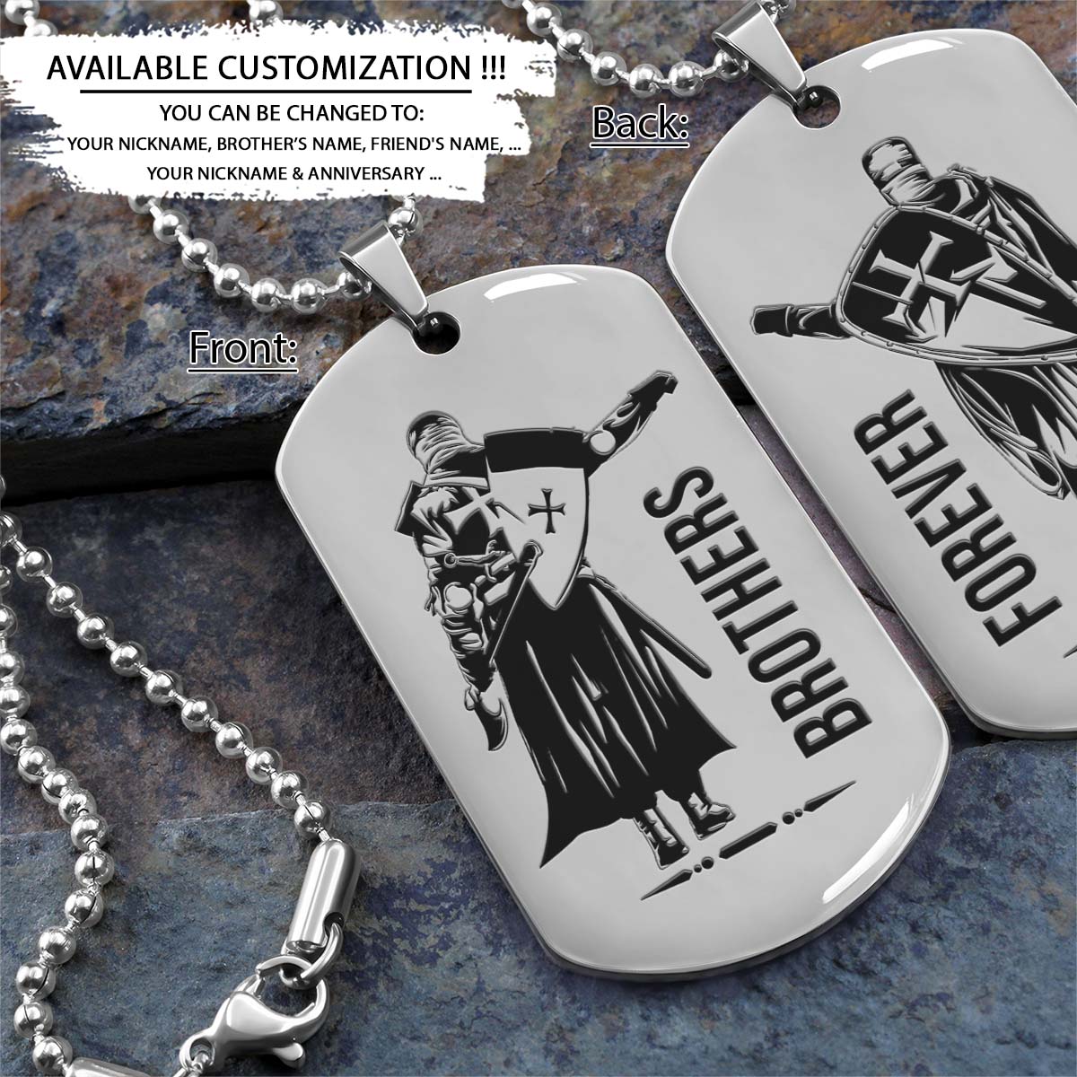 Knight Templar Dog Tag - Brothers Forever - Crusades - Chivalry - Religious Zeal - Templar Wealth - Mysterious Legacy - Knight Templar Necklace - Engrave Dog Tag