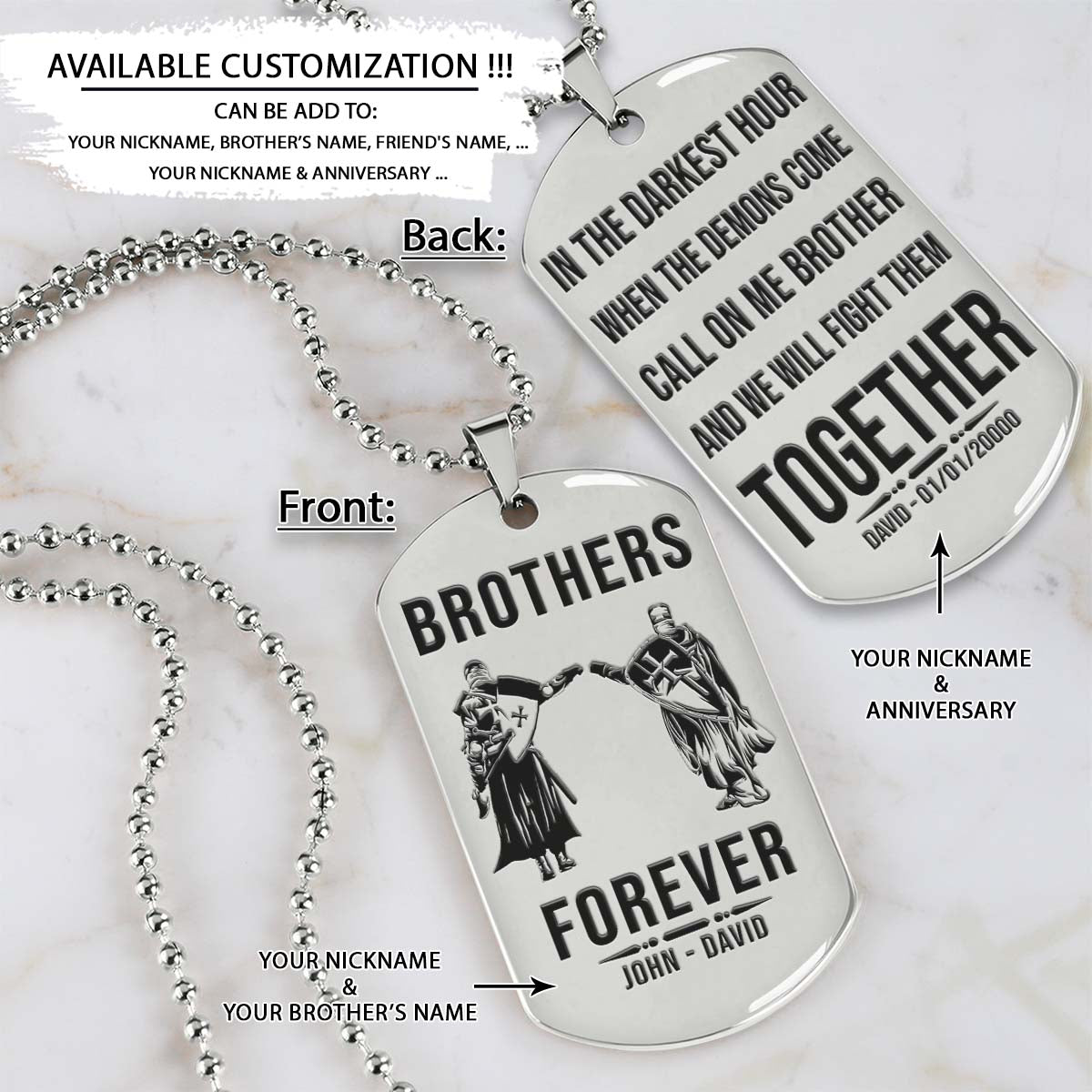 Knight Templar Dog Tag - Brothers Forever - Call On Me Brother - Crusades - Chivalry - Religious Zeal - Templar Wealth - Mysterious Legacy - Knight Templar Necklace - Engrave Dog Tag