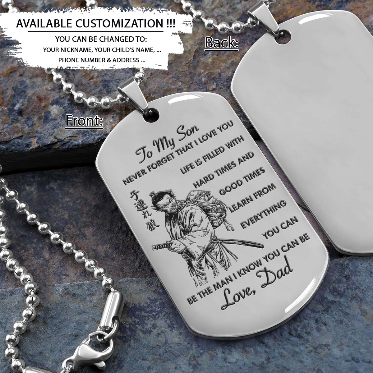 Samurai Dog Tag - Dad To Son - Never Forget That I Love You - Bushido - Katana - Ronin - Miyamoto Musashi - Samurai Necklace - Engrave Dog Tag