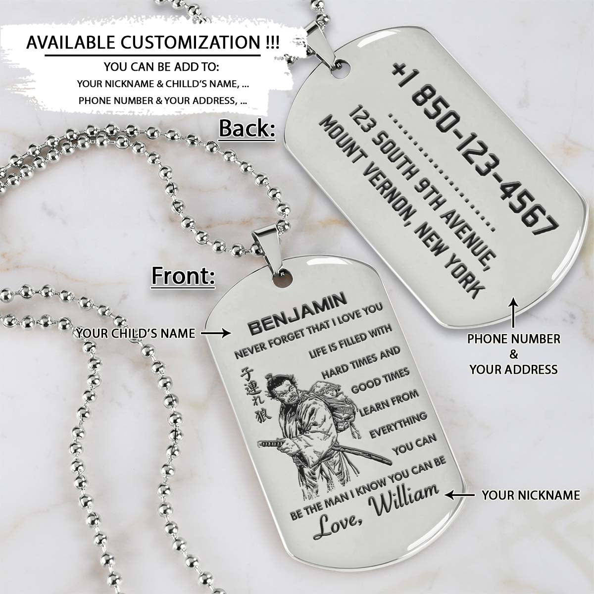 Samurai Dog Tag - Dad To Son - Never Forget That I Love You - Bushido - Katana - Ronin - Miyamoto Musashi - Samurai Necklace - Engrave Dog Tag