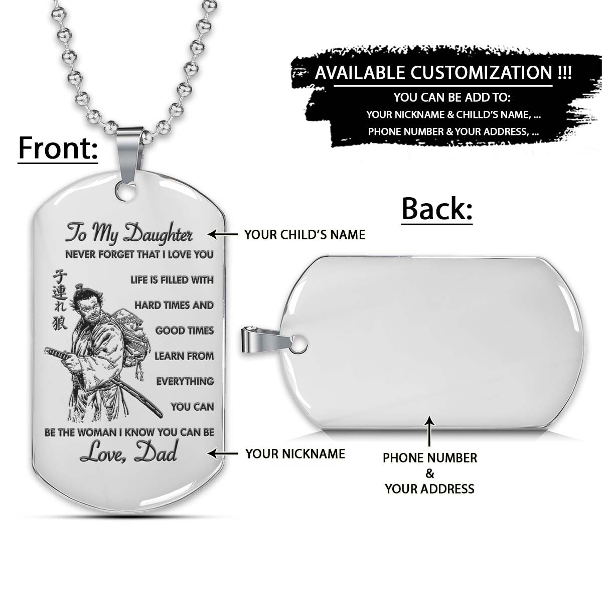 Samurai Dog Tag - Dad To Daughter - Never Forget That I Love You - Bushido - Katana - Ronin - Miyamoto Musashi - Samurai Necklace - Engrave Dog Tag