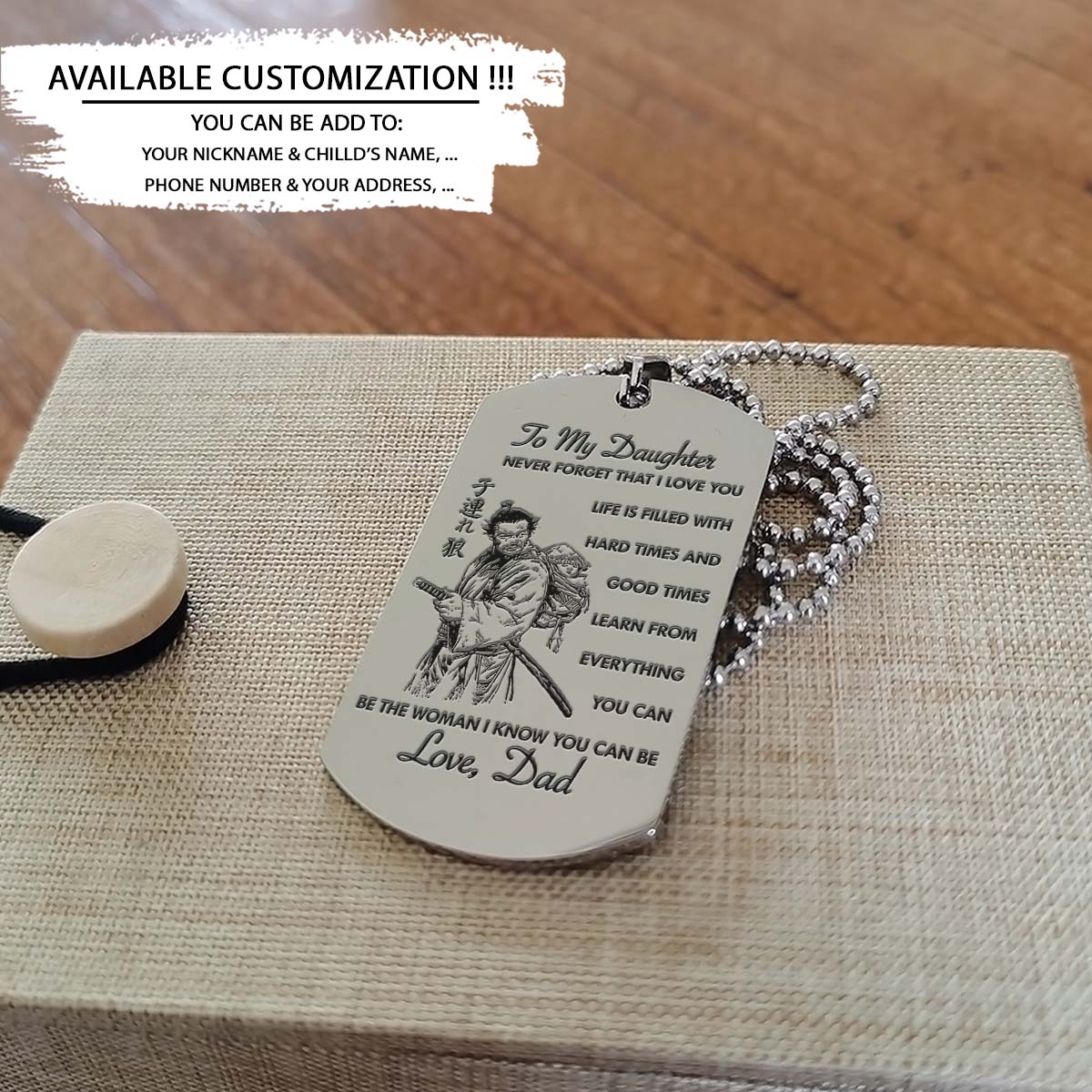 Samurai Dog Tag - Dad To Daughter - Never Forget That I Love You - Bushido - Katana - Ronin - Miyamoto Musashi - Samurai Necklace - Engrave Dog Tag