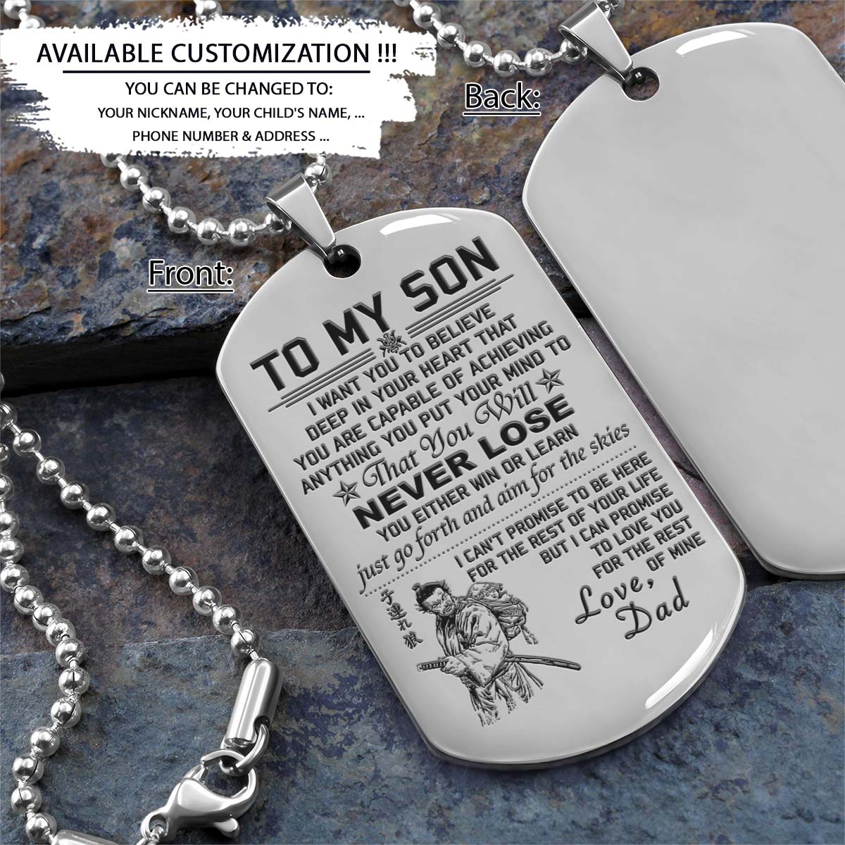 Samurai Dog Tag - Dad To Son - Never Lose - Bushido - Katana - Ronin - Miyamoto Musashi - Samurai Necklace - Engrave Dog Tag