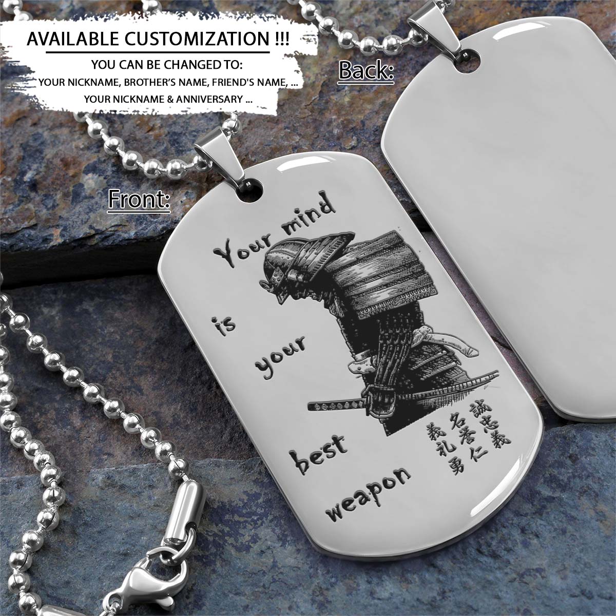 Samurai Dog Tag - Your Mind Is Your Best Weapon - Bushido - Katana - Ronin - Miyamoto Musashi - Samurai Necklace - Engrave Dog Tag