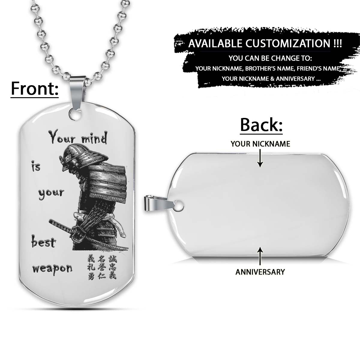 Samurai Dog Tag - Your Mind Is Your Best Weapon - Bushido - Katana - Ronin - Miyamoto Musashi - Samurai Necklace - Engrave Dog Tag