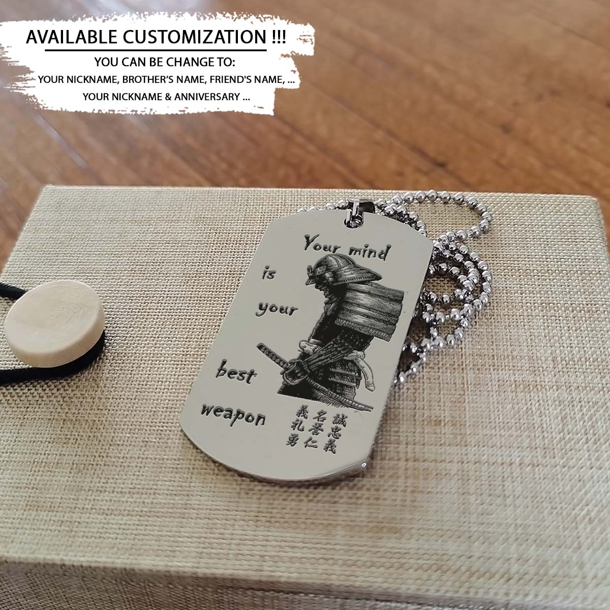 Samurai Dog Tag - Your Mind Is Your Best Weapon - Bushido - Katana - Ronin - Miyamoto Musashi - Samurai Necklace - Engrave Dog Tag