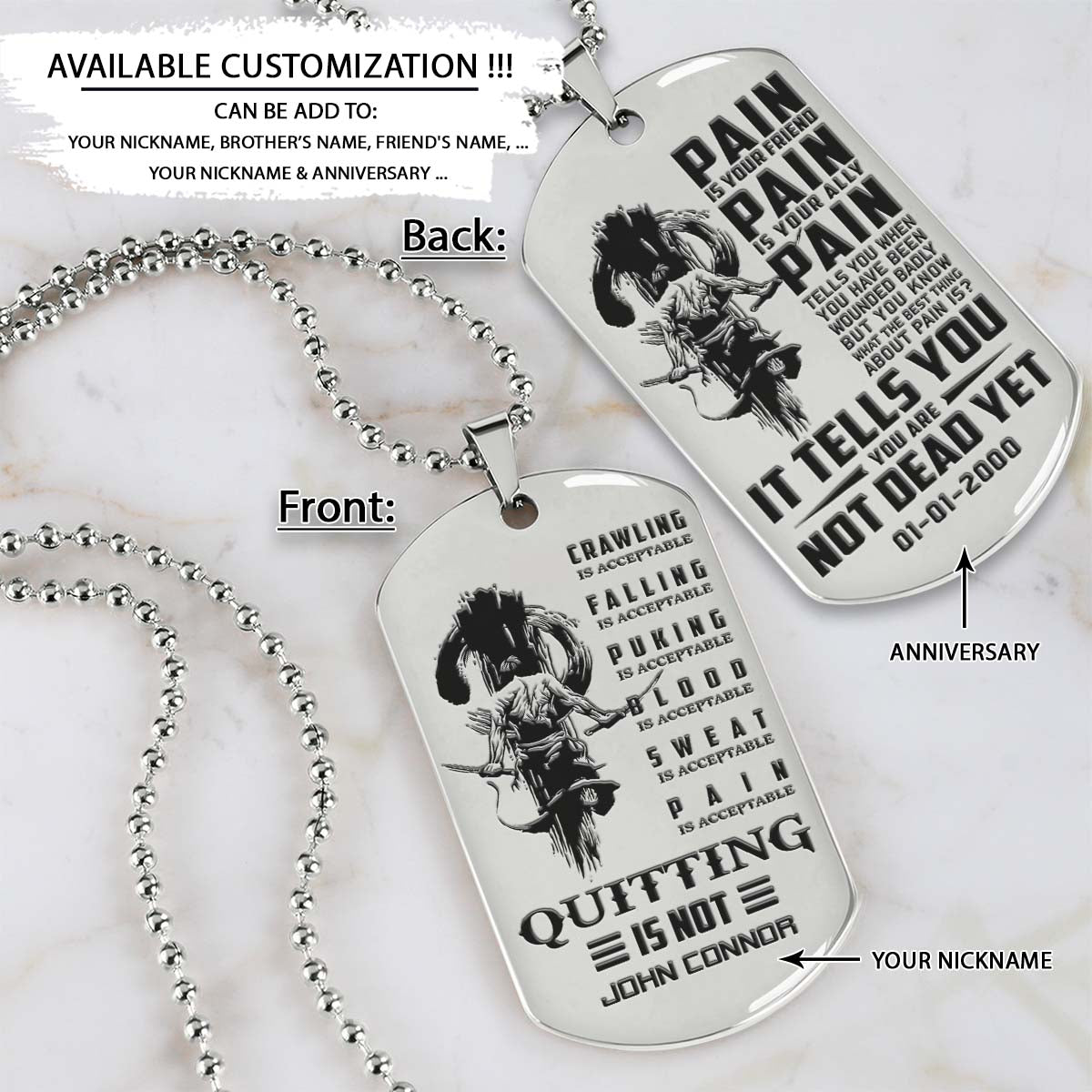 Samurai Dog Tag - Quitting Is Not - PAIN - You Are Not Dead Yet - Bushido - Katana - Ronin - Miyamoto Musashi - Samurai Necklace - Engrave Dog Tag