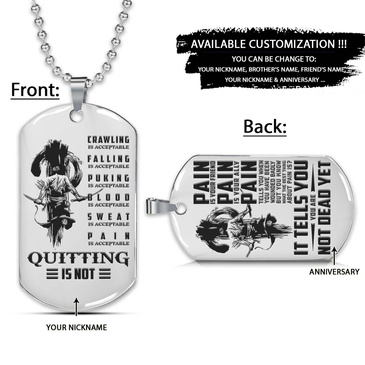 Samurai Dog Tag - Quitting Is Not - PAIN - You Are Not Dead Yet - Bushido - Katana - Ronin - Miyamoto Musashi - Samurai Necklace - Engrave Dog Tag